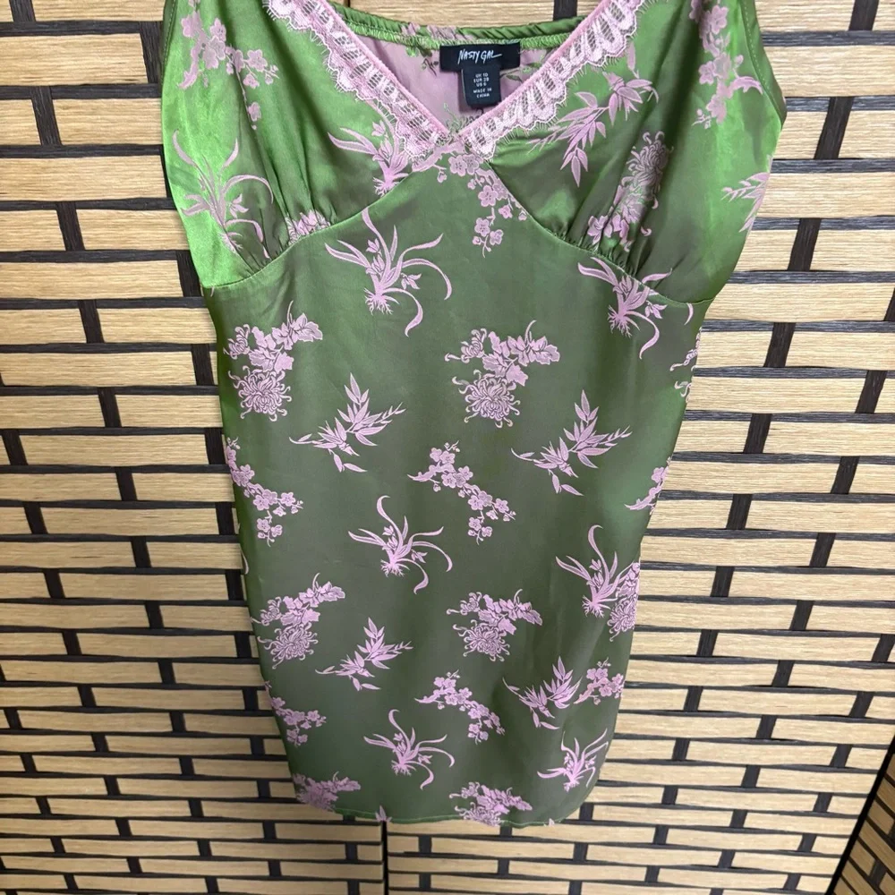 Nasty Gal Pink And Green Satin Floral Lace Nightie‎ Slip Dress Size 6 - Picture 5 of 9